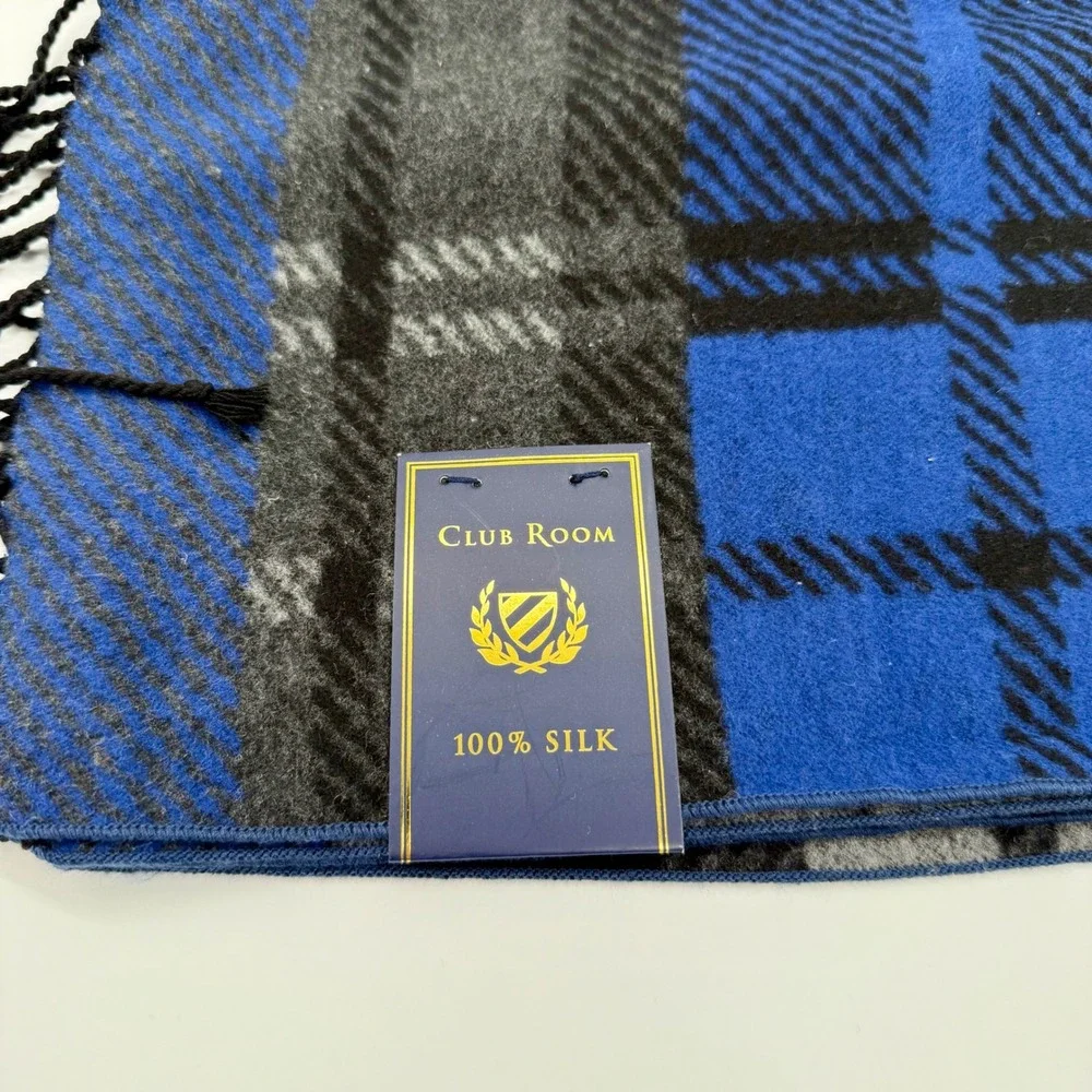 Club Room Mens 100% Silk Plaid Scarf Blue Grey Black Fringe 4103NVY469‎ NWT